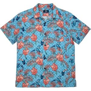 Havana Jim Mens Blue Tropical Toucan Parrot Floral Rayon Aloha Camp Shirt M